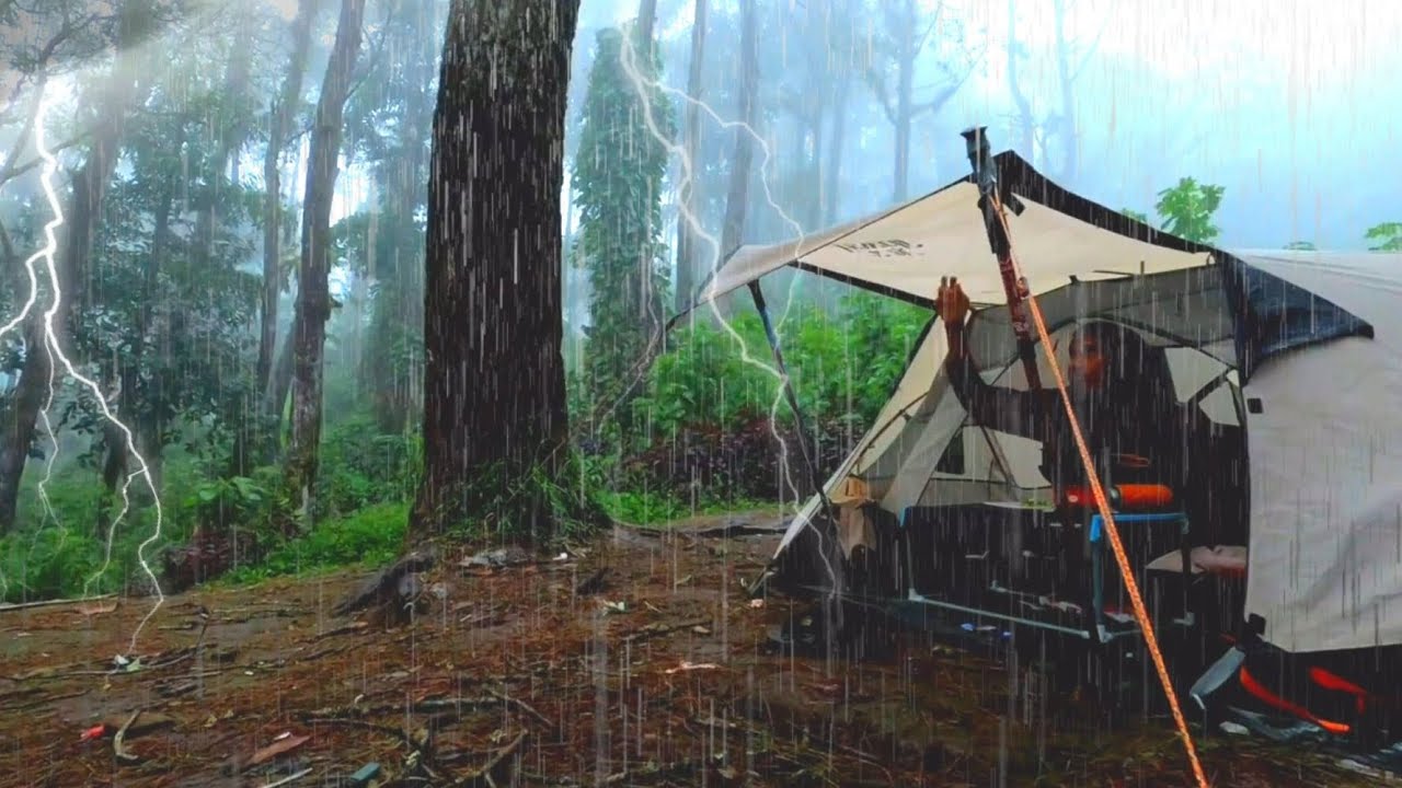 SOLO CAMPING HEAVY RAIN • RELAXING IN A TENT DURING A RAIN STORM • ASMR ...