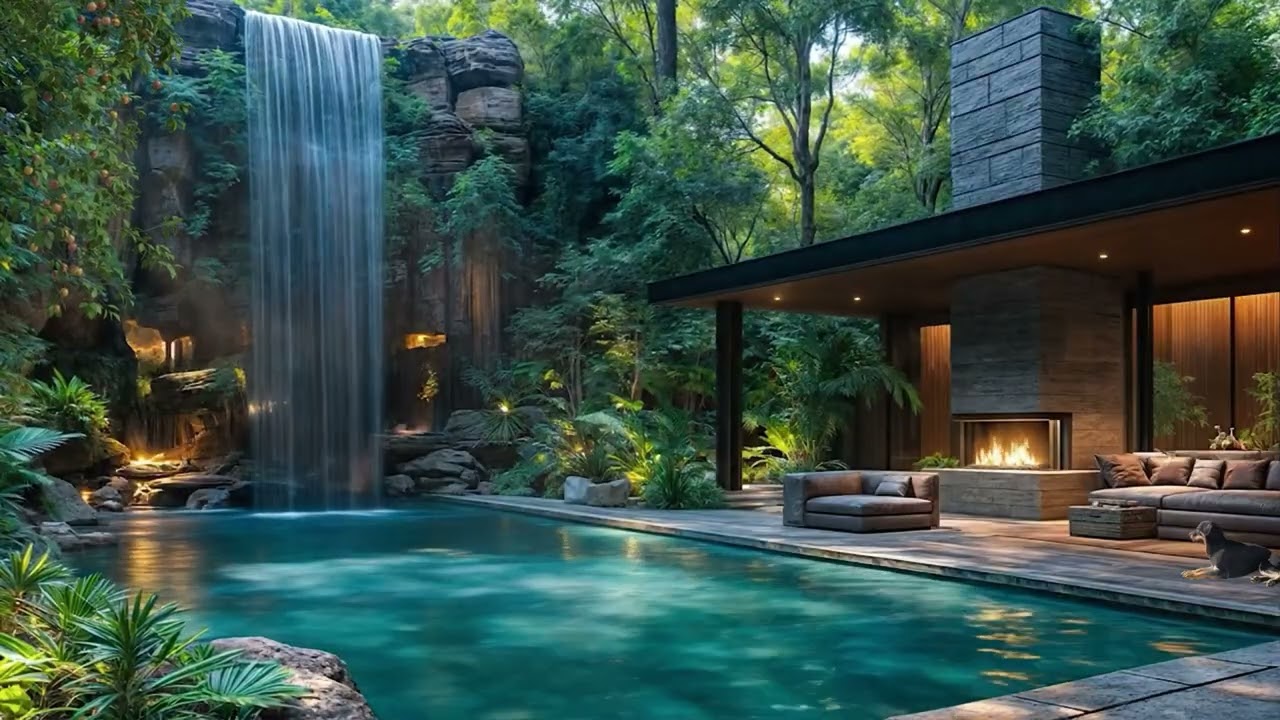 🌿 Stress Relief & Deep Sleep | Luxury Waterfall Pool Ambience for Calm Focus |4K Nature Sounds
