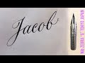 With a Japanese sharp pen, ZEBRA G, I write the name Jacob in calligraphy handwriting.