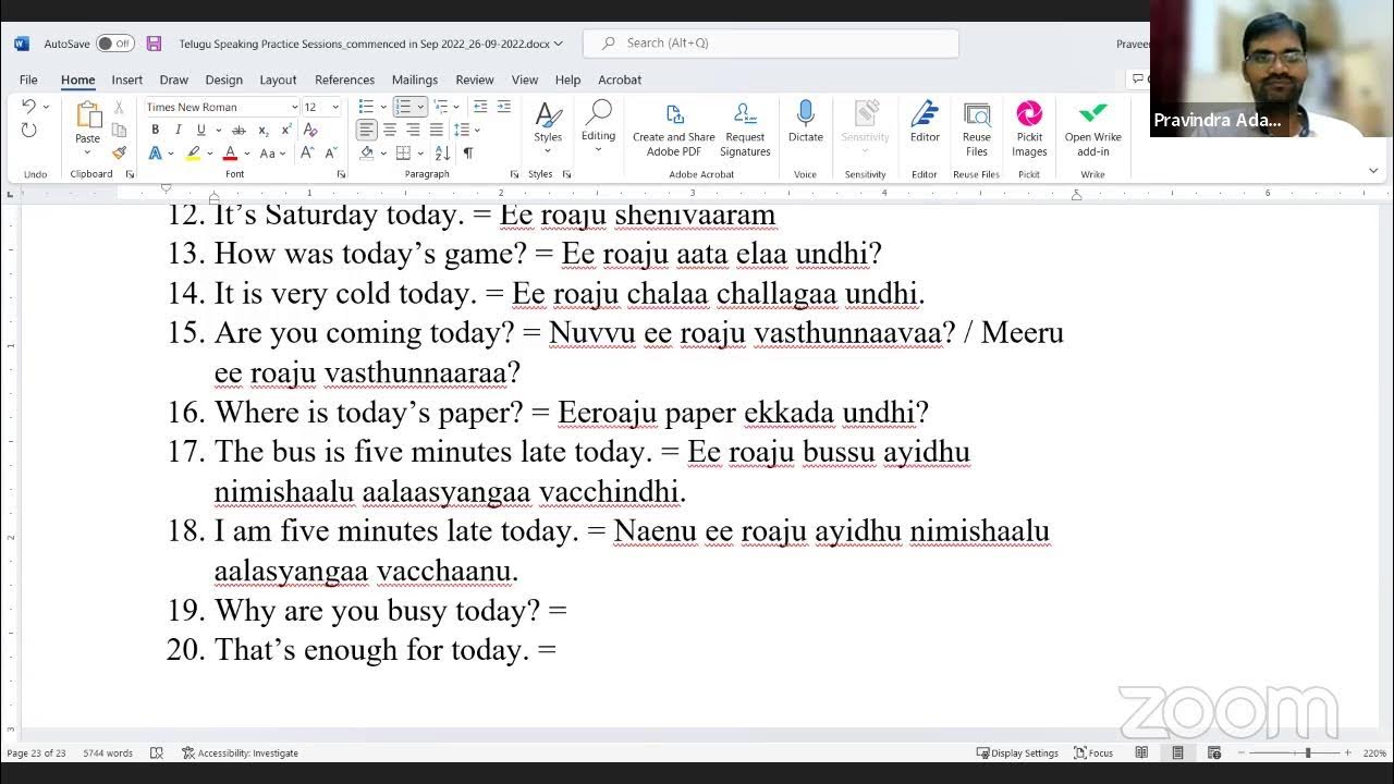 Telugu meanings of sentences using the word "today" Telugu Speaking Practice Session 14/10