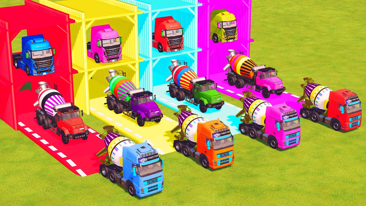 TRANSPORTING ALL MIXER TRUCK WITH DOUBLE FLATBED TRAILER TRUCK, VOLVO, HYUNDAI - FS22