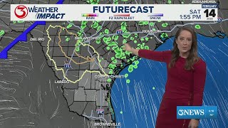 Warm and humid, with a spotty storm ahead of the next cold front in Corpus Christi, Texas