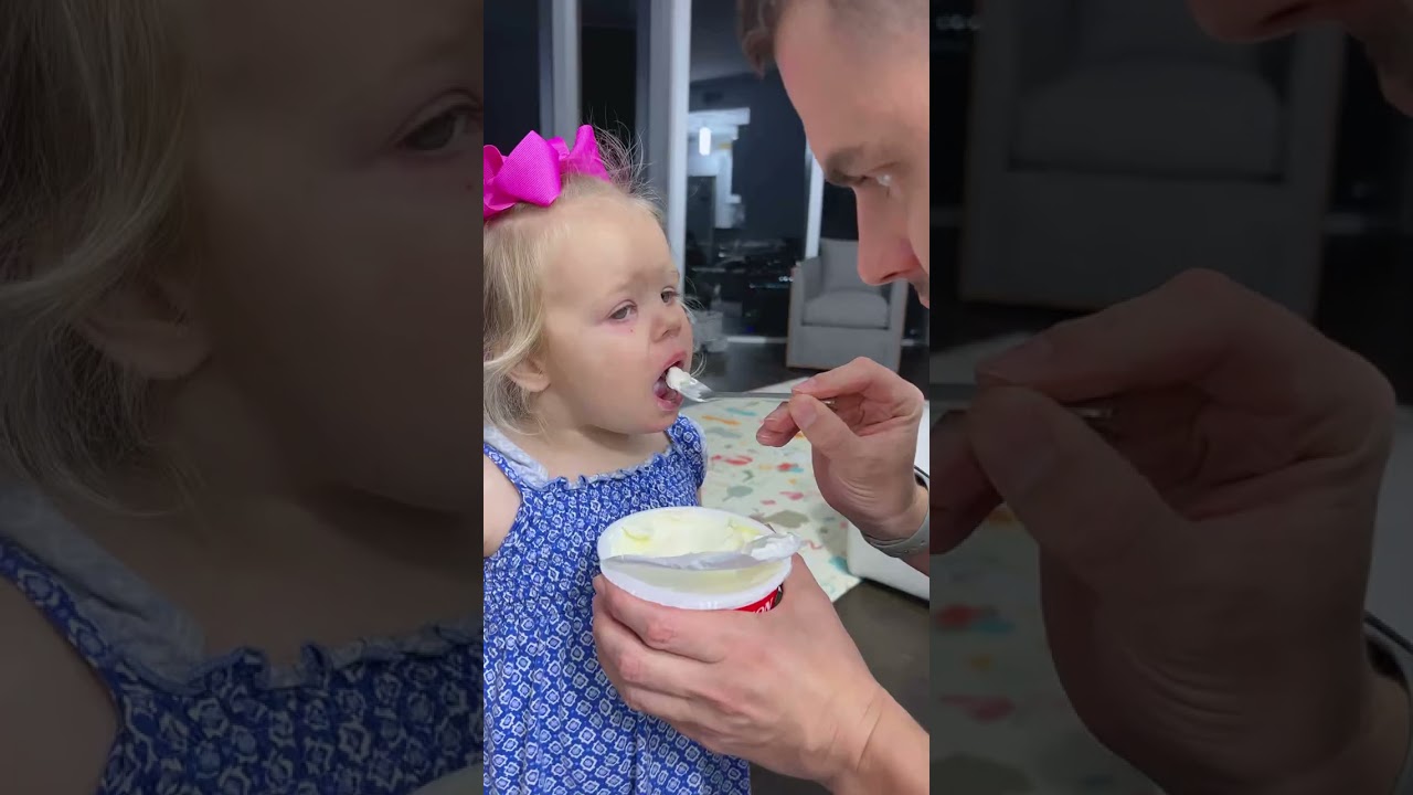 Cute Baby video with parents! Cute Naomi is eating yogurt with Dad