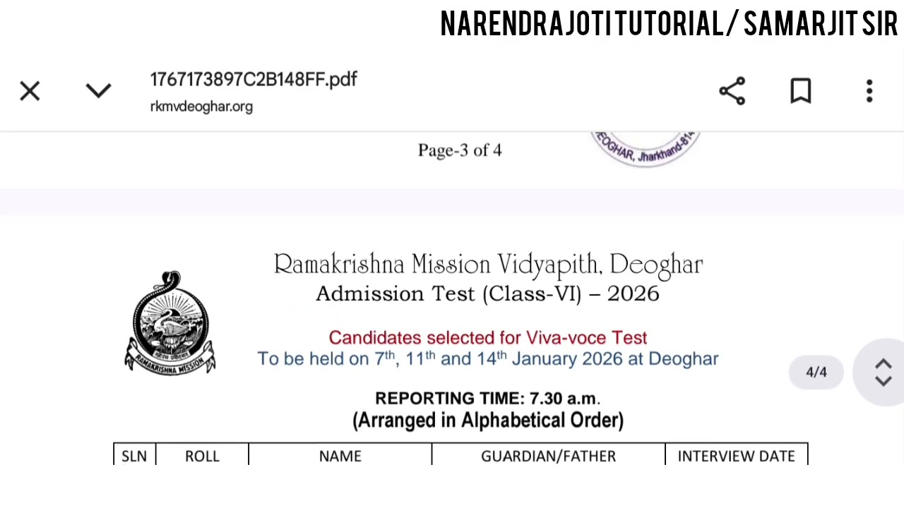 RESULT Deoghar Ramakrishna Mission Vidyapeeth Class Six Admission Test | Narendrajoti Tutorial 