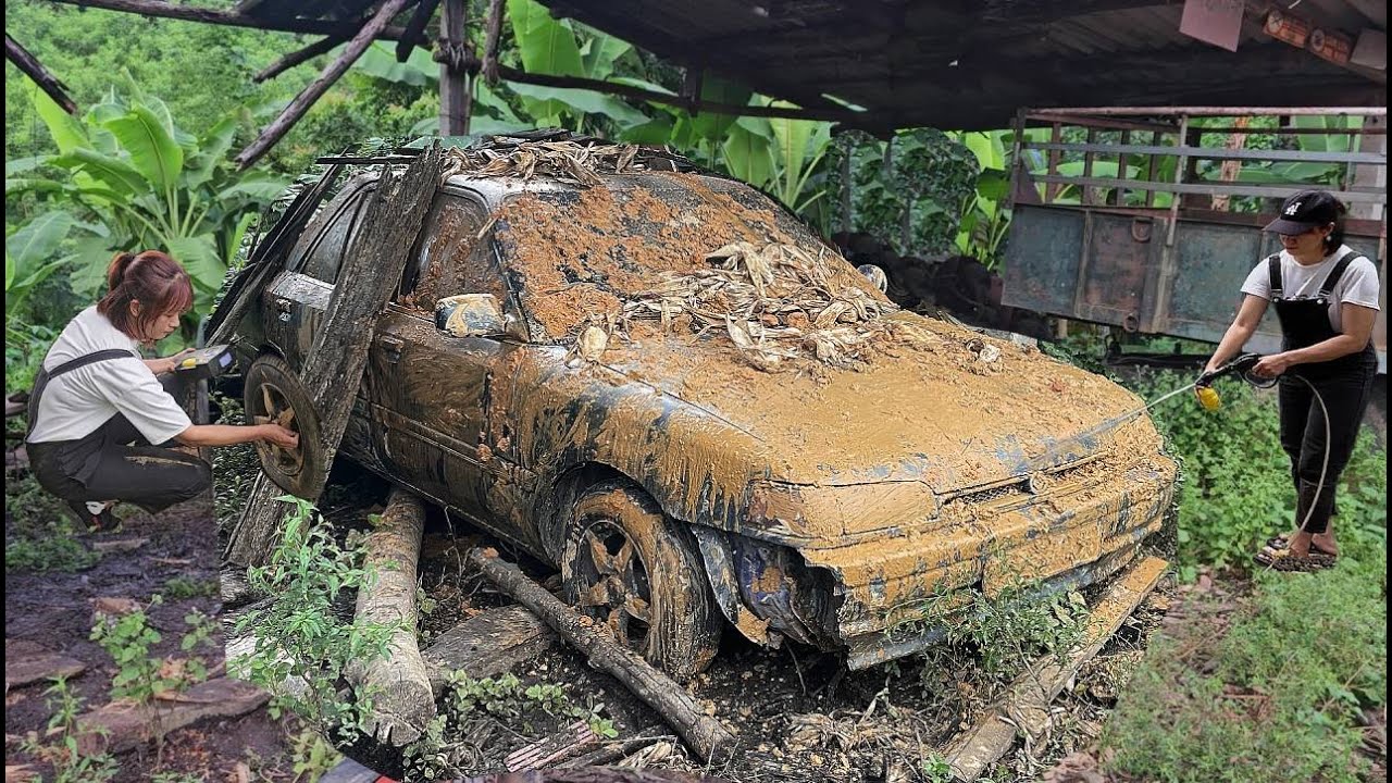 The mechanic girl repair and restore an old car that had not been used for a long  part 2