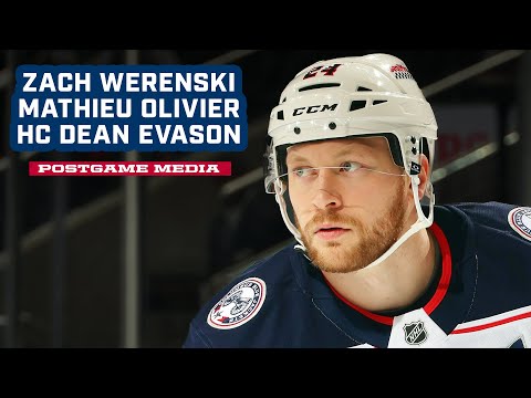 Zach Werenski, Mathieu Olivier and Head Coach Dean Evason - Blue Jackets @ Sharks | Postgame Media
