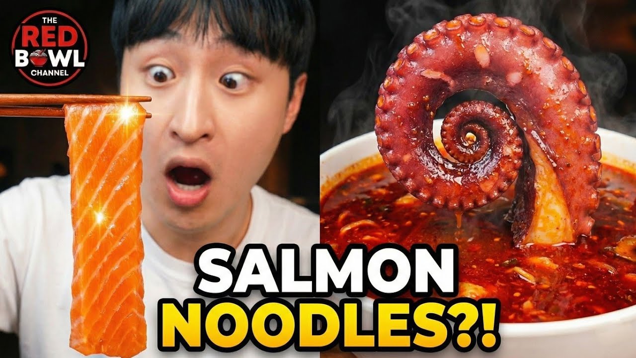 Eating RAW SALMON NOODLES + Giant Squid Spicy Soup! 🍣🐙🥵
