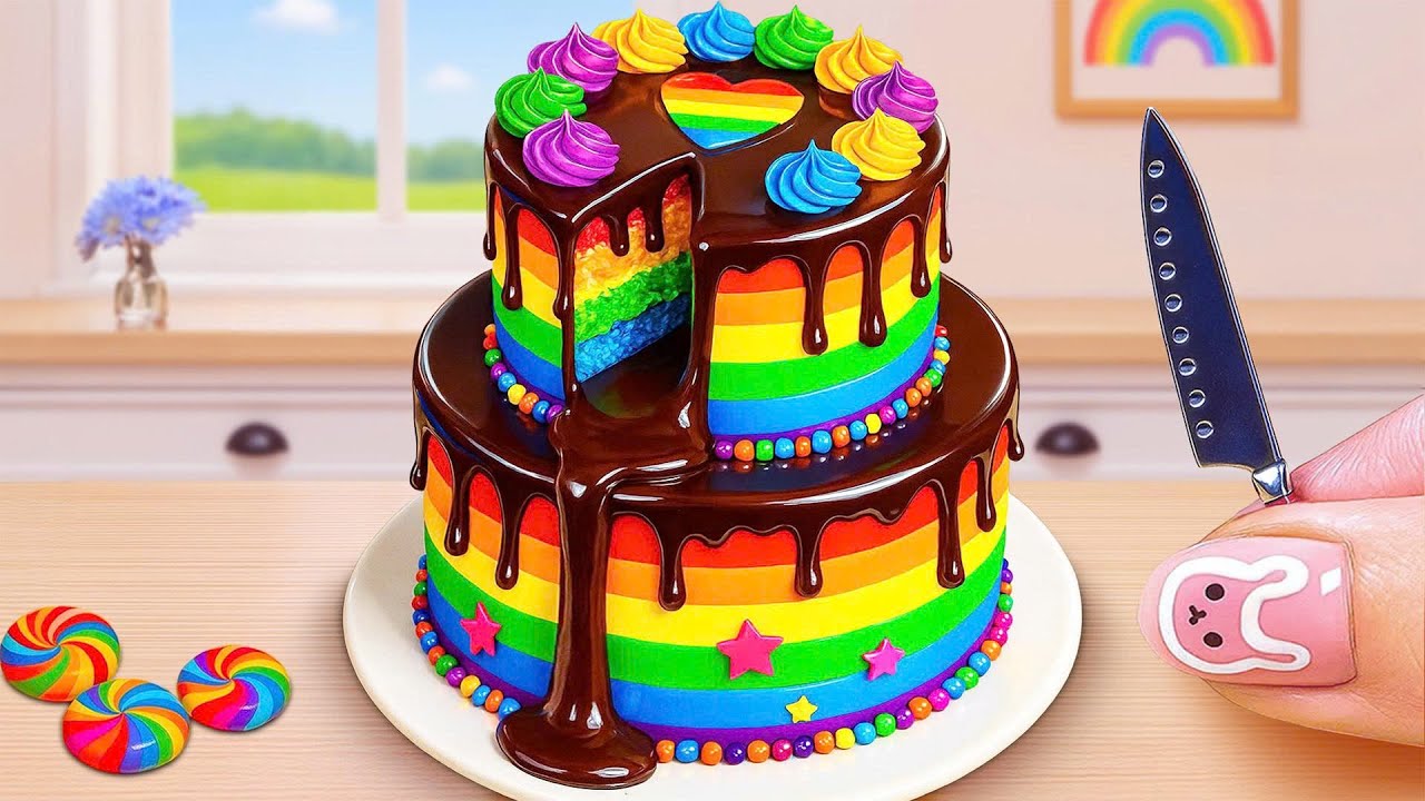 Mini Rainbow Cake Recipe With Chocolate | Stunning Melting Chocolate ...