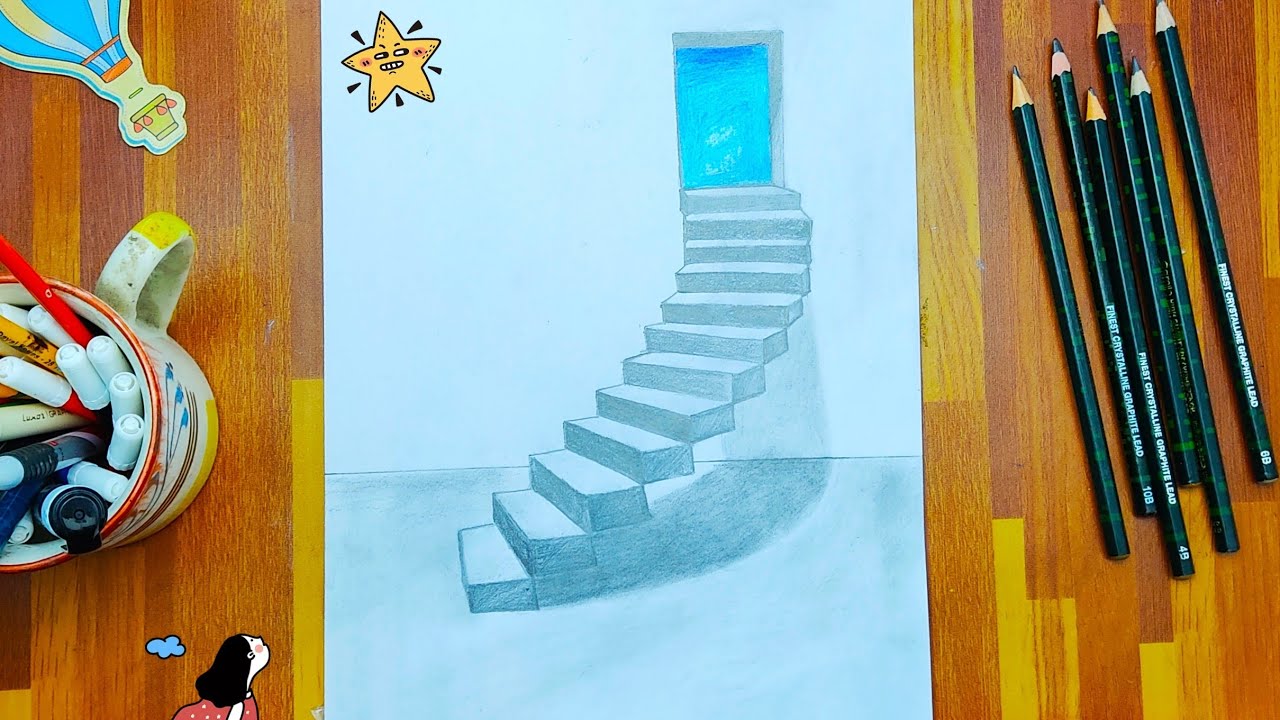 How to draw 3d step sketch stairs to the door