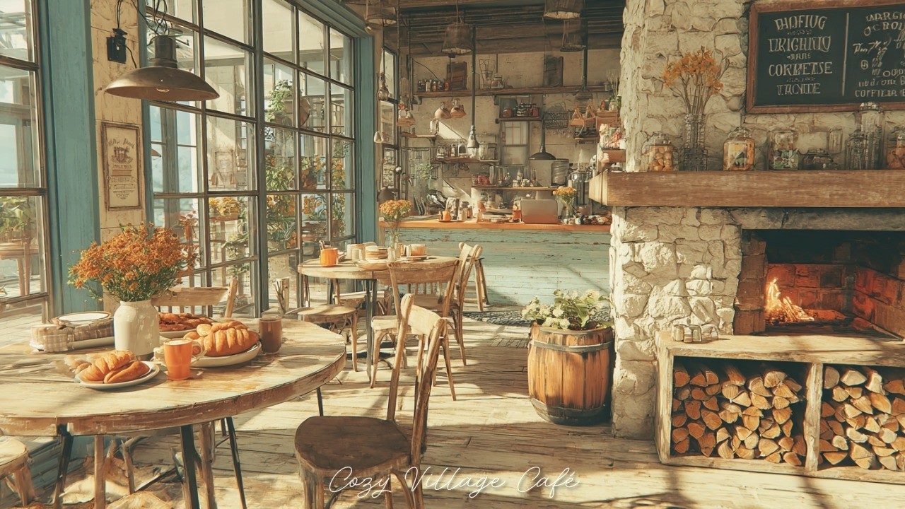 Vintage Jazz in a Golden Spring Morning — Cozy Village 1950s Cafe & Fireplace Sounds