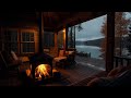 Rainy Day at the Lake Cabin | Fireplace Ambience on Porch with Rainfall for Calm