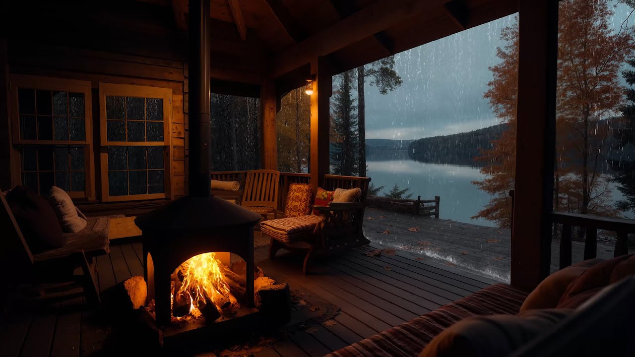 Rainy Day at the Lake Cabin | Fireplace Ambience on Porch with Rainfall ...
