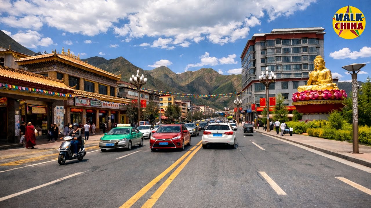 Современный Тибет под строительством Китая: поездка по улицам Сяхэ, Ганьсу на машине | 4K HDR