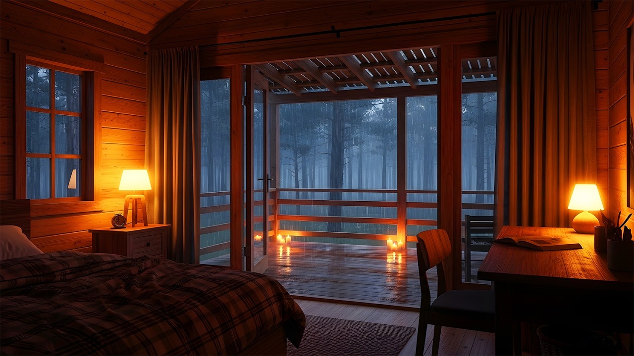 Rainy Night in a Cozy Cabin | Heavy Rain Sounds & Warm Bedroom Ambience