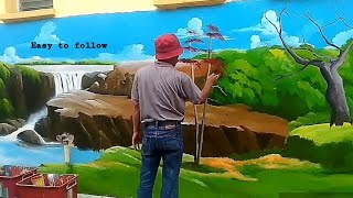 waterfall landscape  PAINTING | paint rocks and tree | MELUKIS MURAL air terjun | batu dan pokok