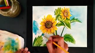 Fluid Painting Art   Sunflower Watercolor Painting   Easy and Simple