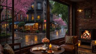 Beautiful Cozy Café Rain ☕ Soft Jazz Piano & Cozy Fireplace Crackles For Productivity & Peace screenshot 5