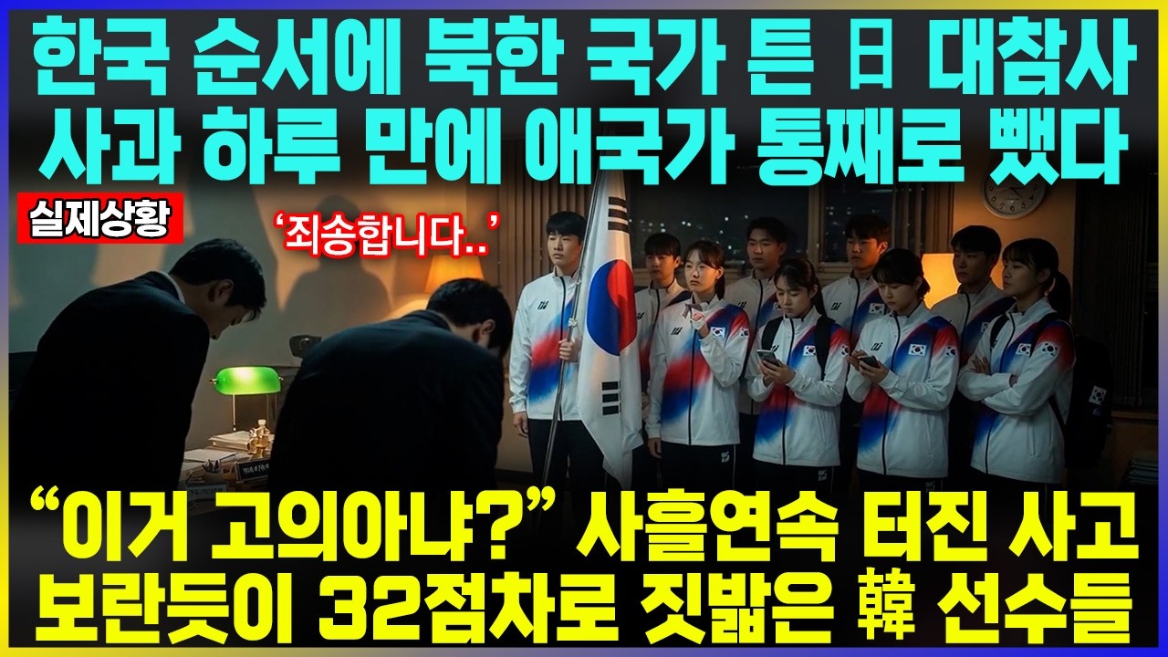 한국 순서에 북한 국가 튼 日 대참사 사과 하루 만에 애국가 통째로 뺐다 "이거 고의아냐?" 사흘연속 터진 사고 보란듯이 32점차로 짓밟은 韓 선수들
