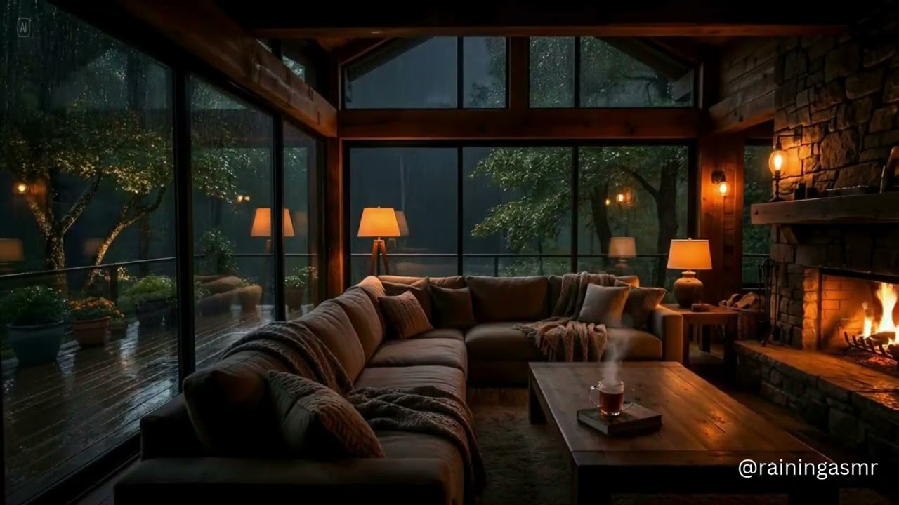 Warm Rain Sounds in a Cozy Living Room | ASMR Rain with Calm Ambient Music