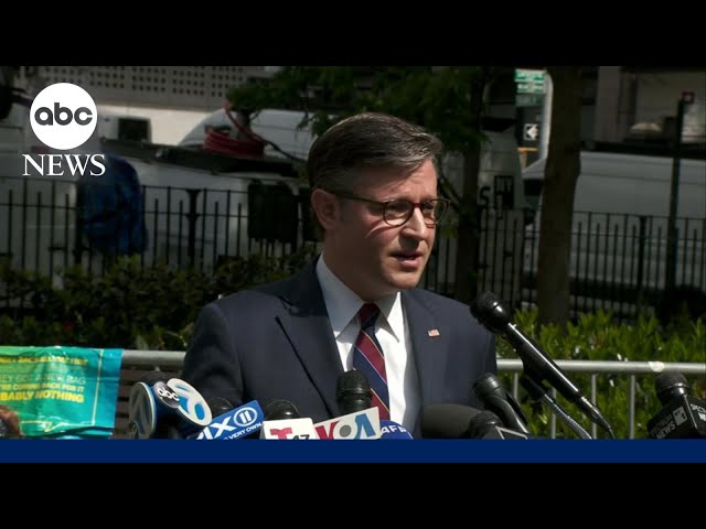 Mike Johnson speaks outside of Trump hush money trial