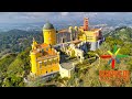 Palacio da Pena aerial view at dusk between the fog - 1440P