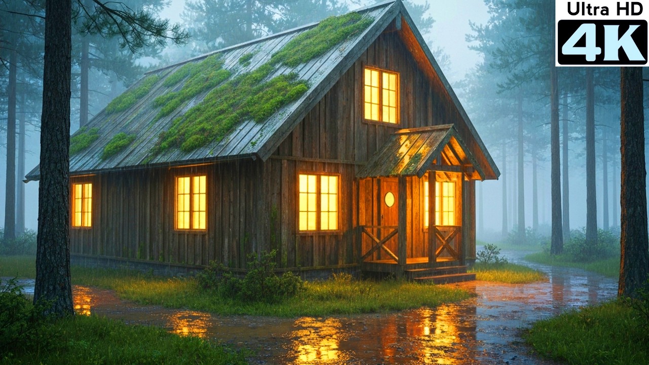 Cozy Rain Ambience in Cozy Wooden House in the forest with Rain falling on window