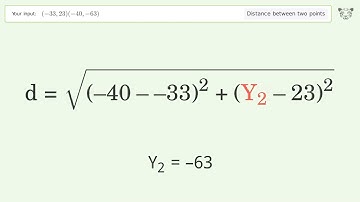 Find the distance between two points p1 (-33,23) and p2 (-40,-63): Step-by-Step Video Solution