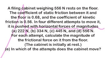 A filing cabinet weighing 556 N rests on the floor. | Problem of friction