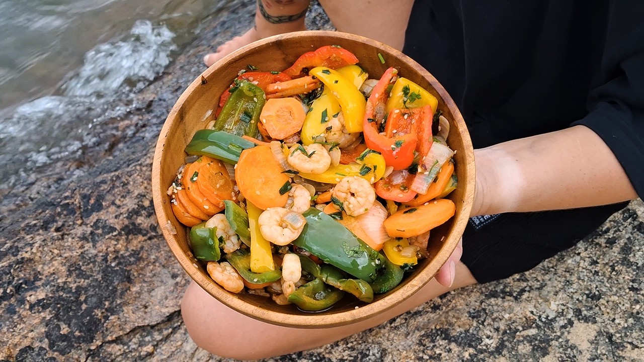 ASMR Shrimp Stir-Fry Cooking by the River 🌊 | Thunderstorm Rain 🌧️