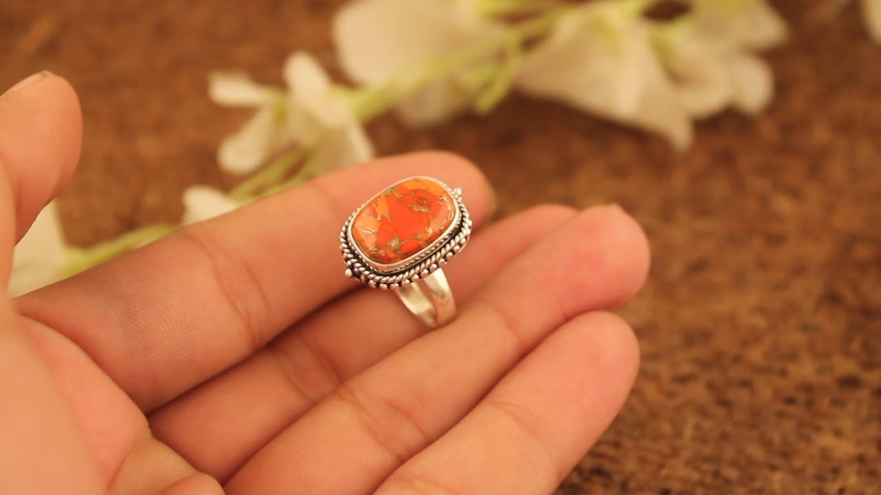 Orange Copper Turquoise Cushion Shape Gemstone Silver Ring | 925 Sterling Silver Ring