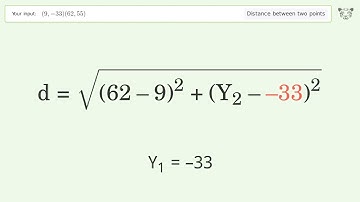 Find the distance between two points p1 (9,-33) and p2 (62,55): Step-by-Step Video Solution