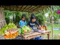 Adorable , fresh Morning little chef make Steam fish , Rural life little sister