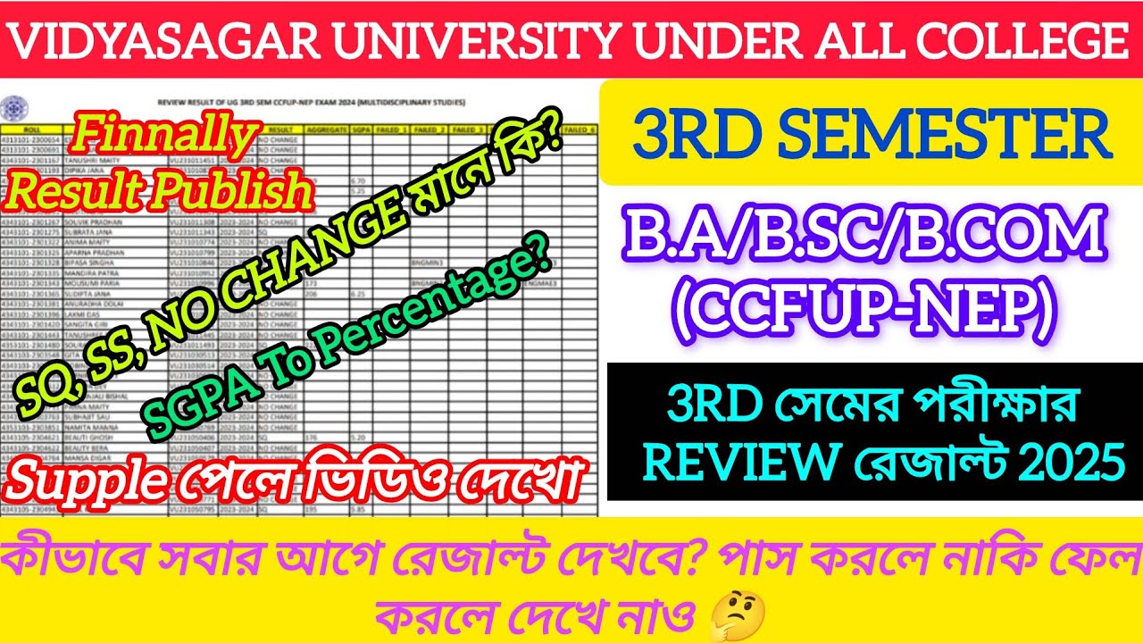 Vidyasagar University 3rd semester Ccfup-Nep review result publish 2025 | 3rd sem review result 2025