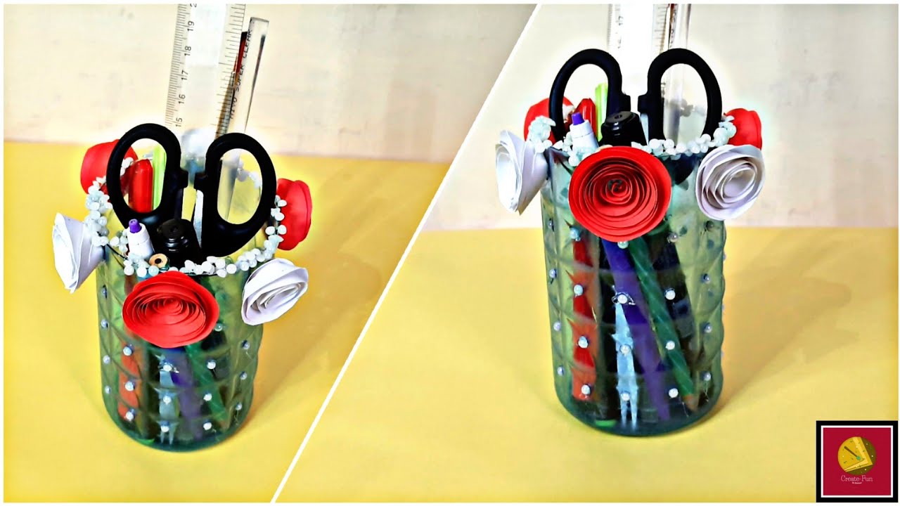 Make a pen holder with help of the plastic bottlebottle craft