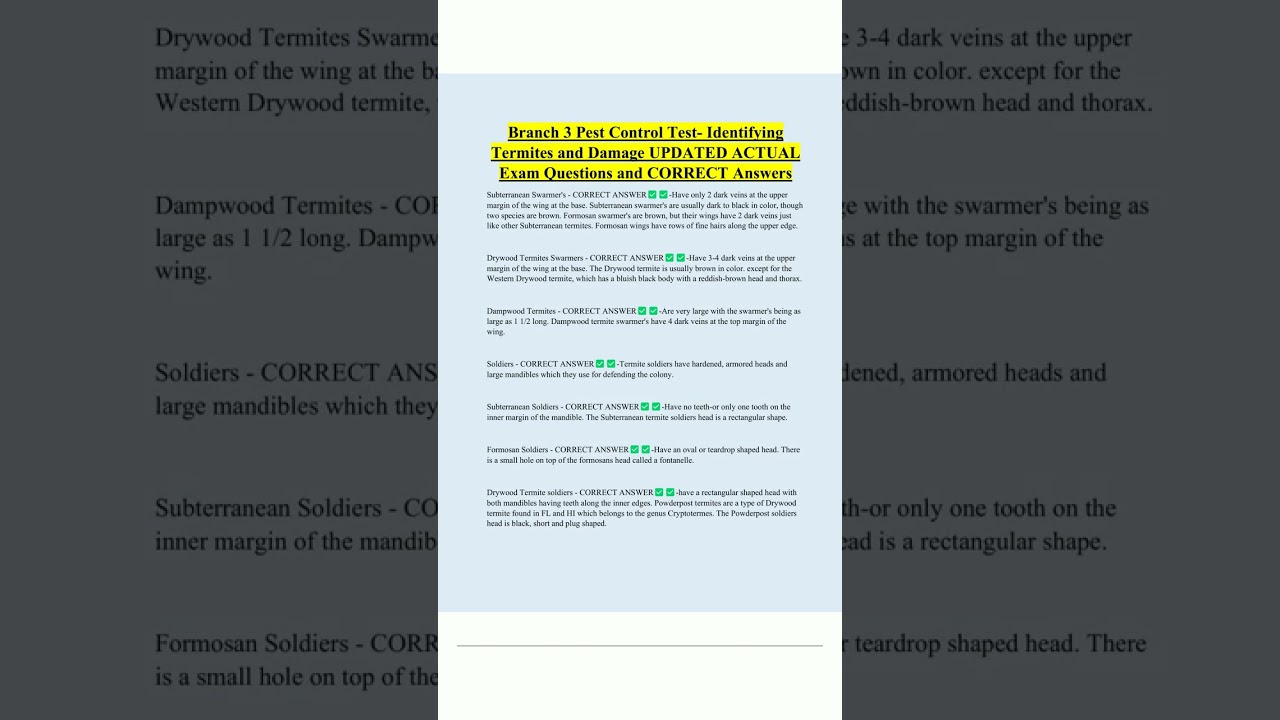Branch 3 Pest Control Test Identifying  Termites and Damage UPDATED ACTUAL  Exam Questions and CORRE