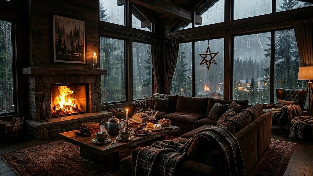 💤 Heavy Rain Sounds and Warm Fireplace in Cozy Cabin | Sleep Fast ...