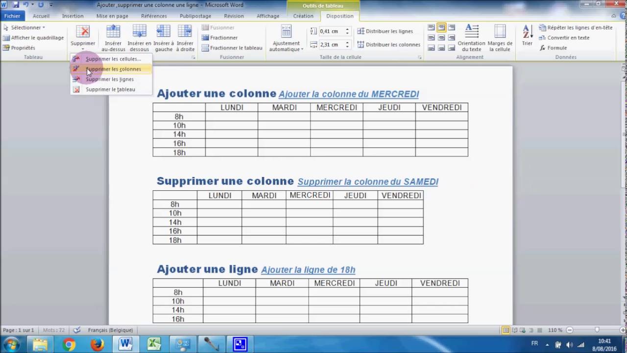 Word 2010 Ajouter Supprimer Une Colonne Ligne Dans Un Tableau Youtube