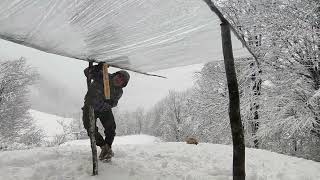 Plastic Wrap Survival Cabin Far Away in Snowy Mountain  Bushcraft Vlog