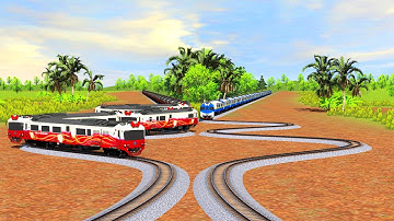 4 COLORFUL TRAINS THROUGH EXTREME CRAZY ZIGZAG RAILROAD TRACK | BUMPY DIAMOND CROSSING TRACK