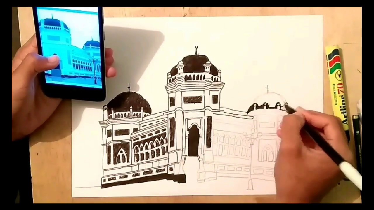 Sketsa Gambar Masjid Raya Al Mashun Medan Youtube