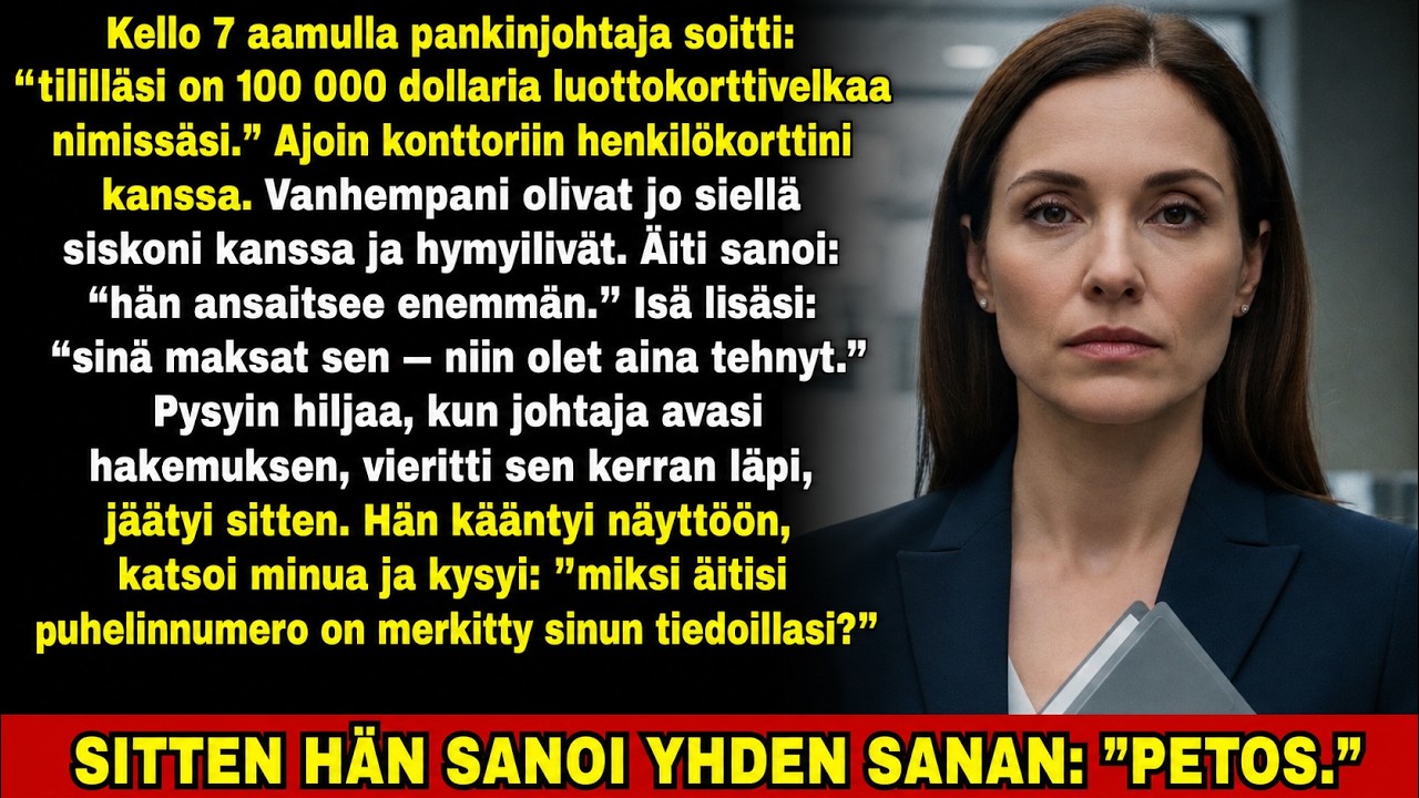 Puhelin soi keskellä päivää, ja näytöllä luki pankin virallinen koodi. Virkailija Slone ilmoitti minulle, että sosiaaliturvatunnukseni alle oli rekisteröity täsmälleen 100 000 dollarin luottovelka...