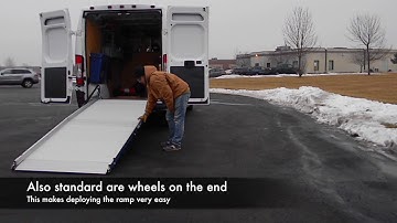 Dodge Ram Promaster High Roof van demonstrating operation of a WM System Loading Ramp Model 9ALPC279