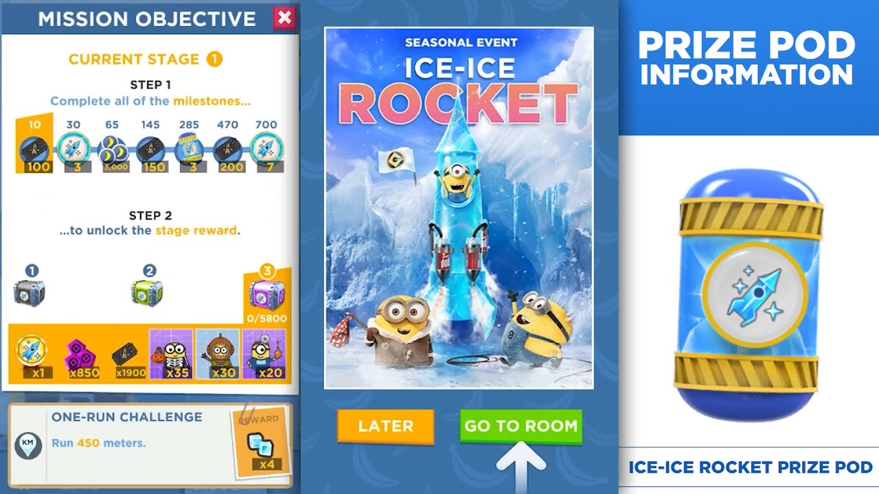 Minion Rush ICE-ICE ROCKET rewards review & mission objective | Ice-Ice Rocket Prize Pod information