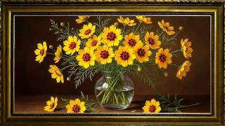 Golden Coreopsis Vase | 4K Frame TV Art Screensaver (2 Hours, No Music) | Vintage Floral Still Life