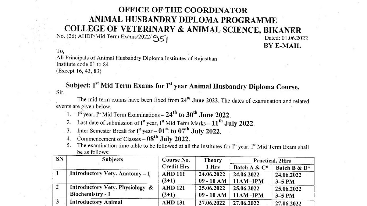 AHDP 1st Mid Term Exams for 1st Year Animal Husbandry Diploma Course || AHDP Exam Shedule Out 2022