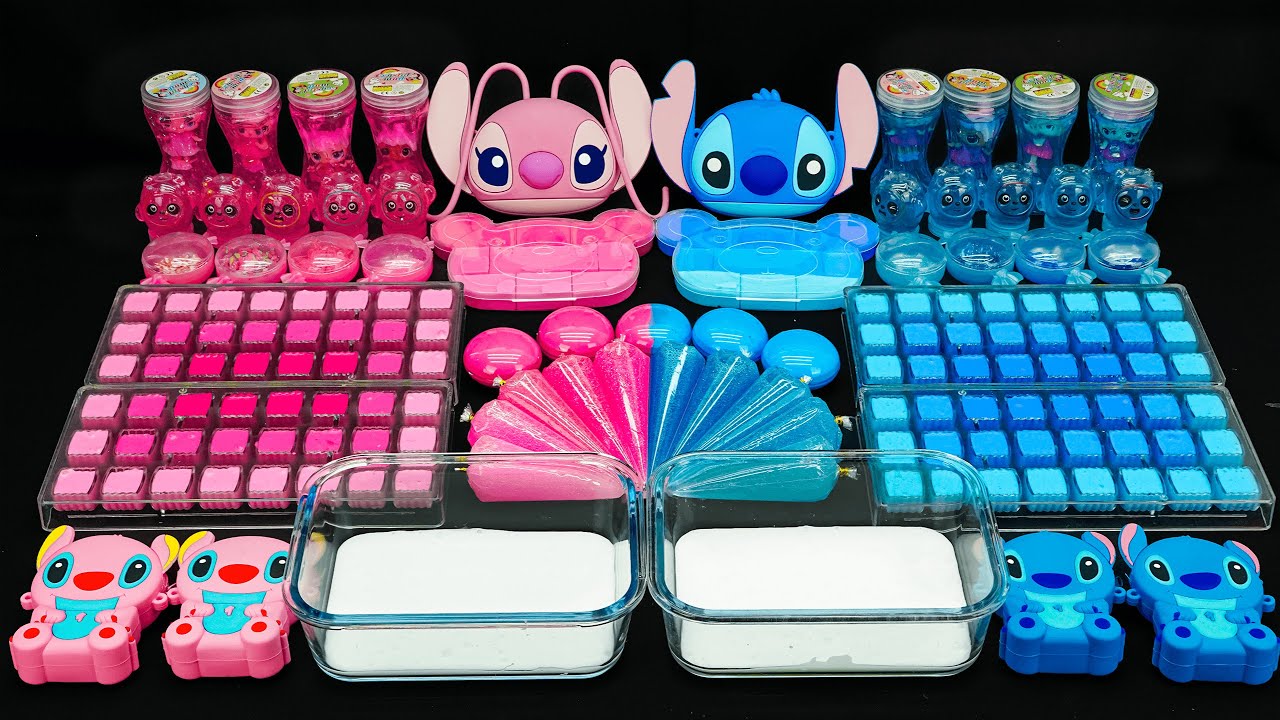 BLUE and PINK STITCH 🐻 I Mixing random into Glossy Slime I Satisfying Slime 💗