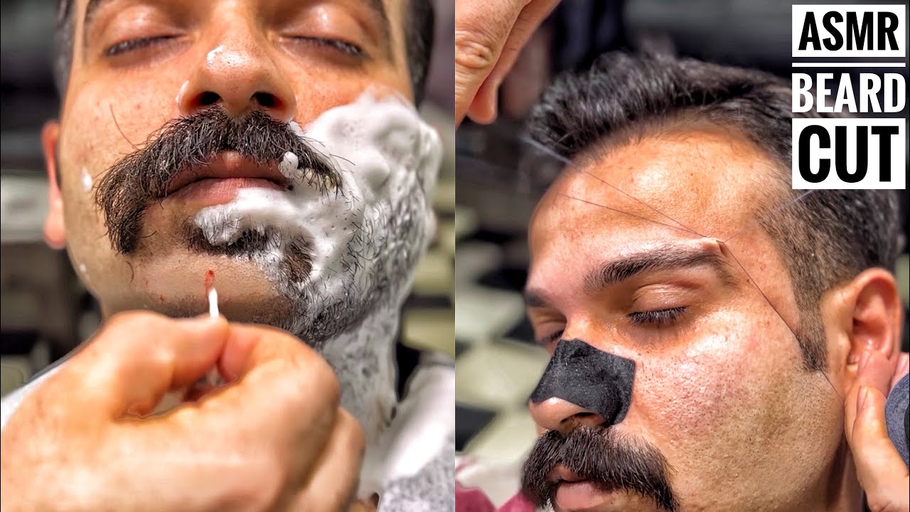 ASMR BEARD CUT AND Head Massage• Eyebrow plucking, moustache trimming