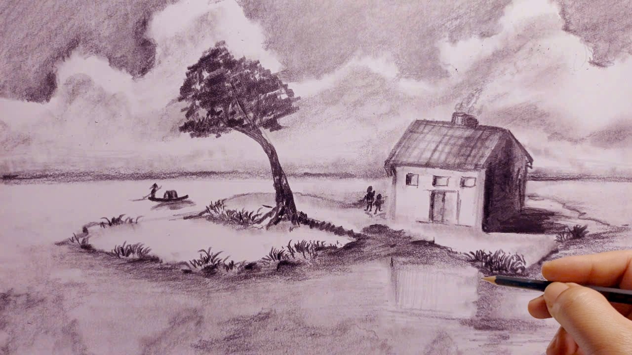 The little house on the lake - Simple pencil drawings for beginners