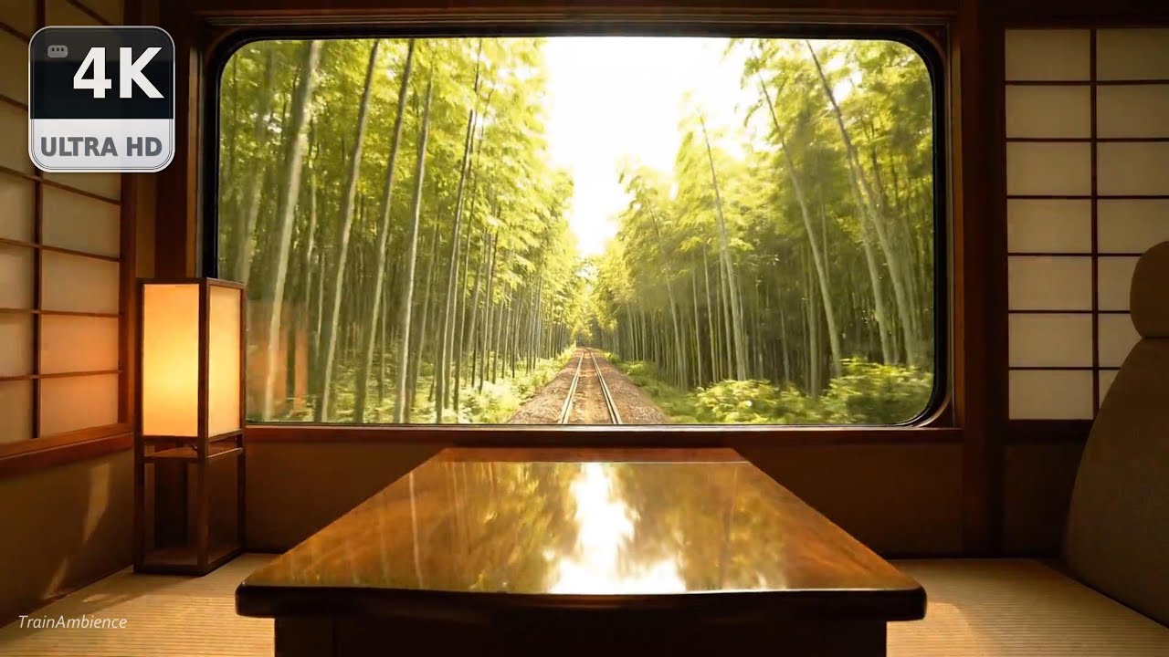 Bamboo Forest Train Ride (4K) | Front Cab Window View + Real Train & Rail Sounds (No Music) (1 Hour)