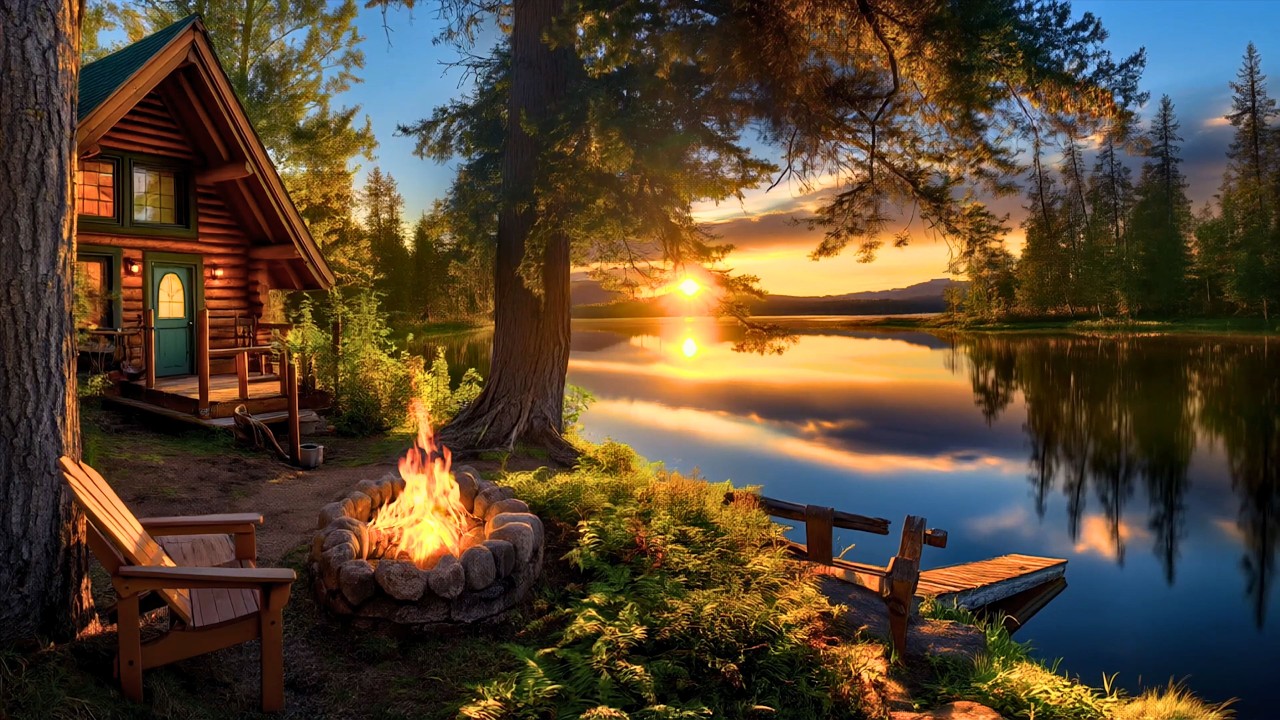 Spring Sunset Ambience with Campfire 🔥 Tranquil Lake & Forest Sounds for relaxation and study